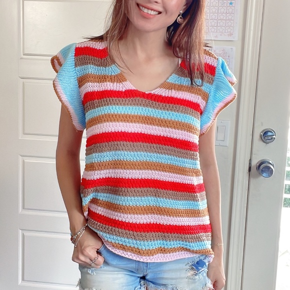 Vibrant Color Block Stripes ruffle Sleeve Blouse - Picture 5 of 7
